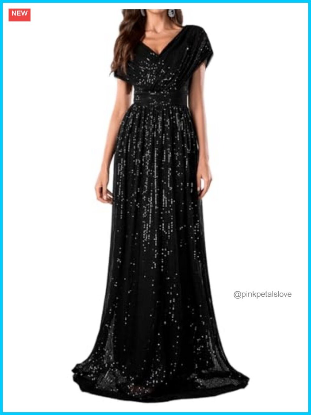 Sequin V-Neck Short Sleeve A-Line Evening Dress Party Gown